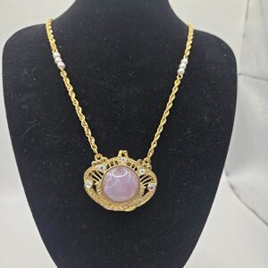 Vintage 1928 Gold-Plated Necklace Locket Purple Gemstone Pearls Gatsby Deco 26"